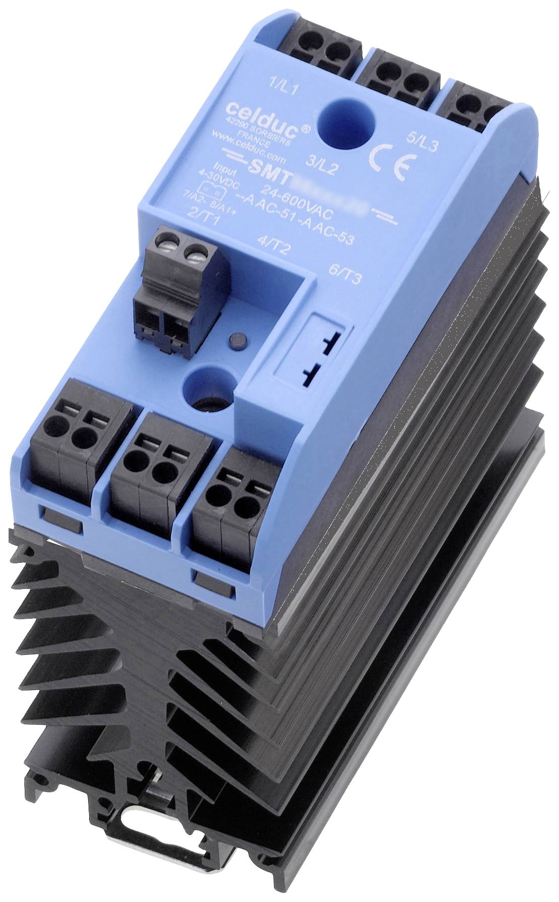A blue electric relay with multiple terminal connections, mounted on a black heatsink, in vertical view.