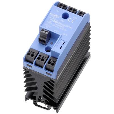 A blue electric relay with multiple terminal connections, mounted on a black heatsink, in vertical view.