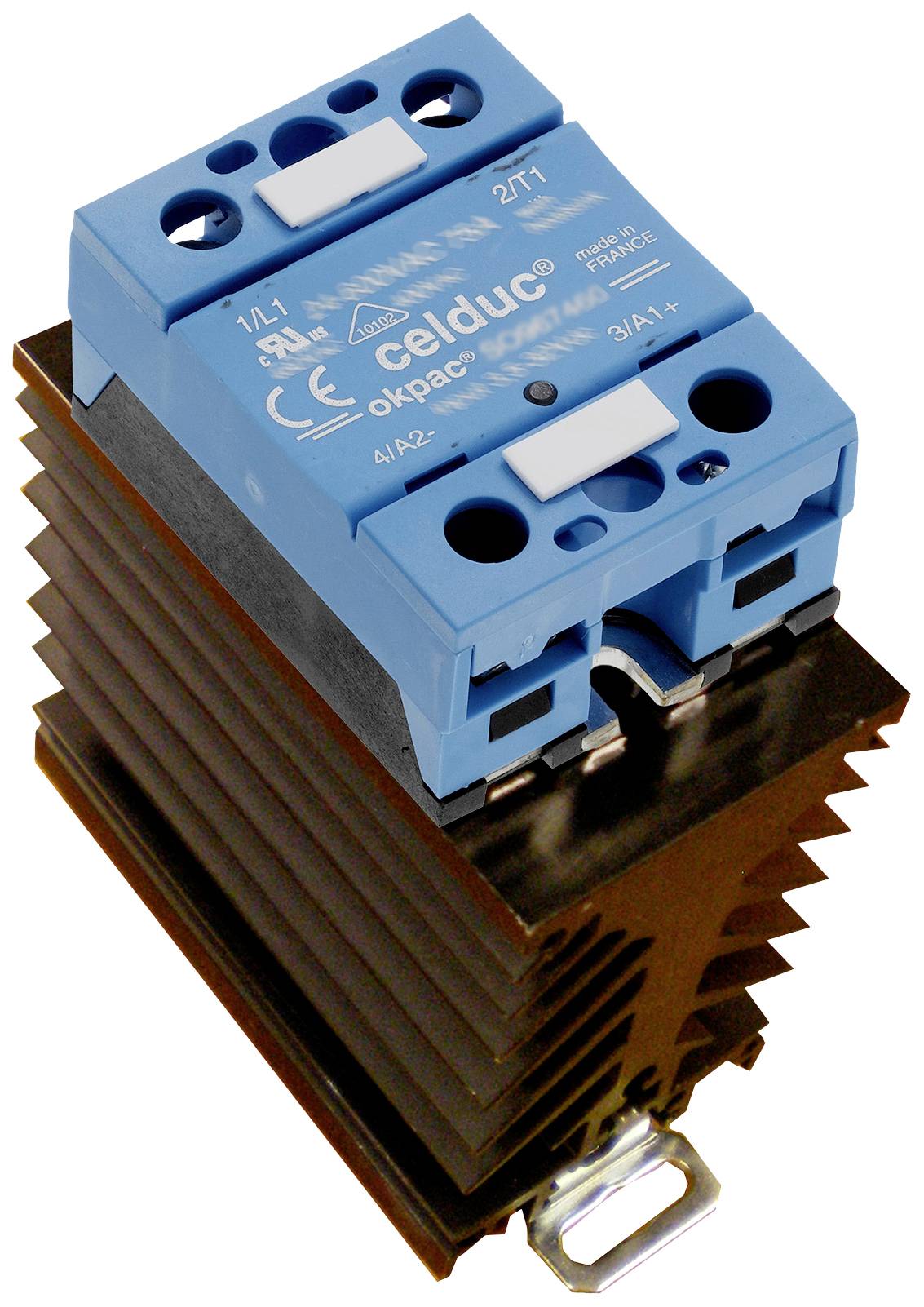 A blue solid-state relay from Celduc mounted on a black and copper heatsink. It displays electrical connections and markings.