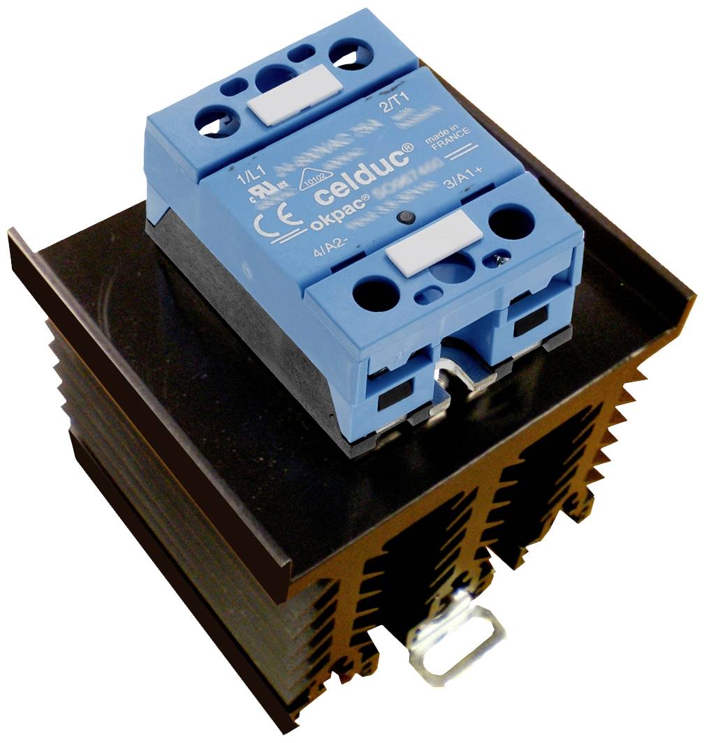 A three-phase semiconductor relay module with heatsink, blue terminal block on top, for controlling electrical equipment in industrial applications.