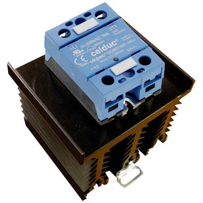 A three-phase semiconductor relay module with heatsink, blue terminal block on top, for controlling electrical equipment in industrial applications.