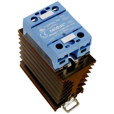 A blue solid-state relay mounted on a heatsink, with product name and technical specifications printed on the top surface, ready for installation.