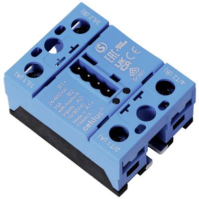 Blue electric relay switching device with multiple terminals and markings for specification and certification, such as '24-600V'.