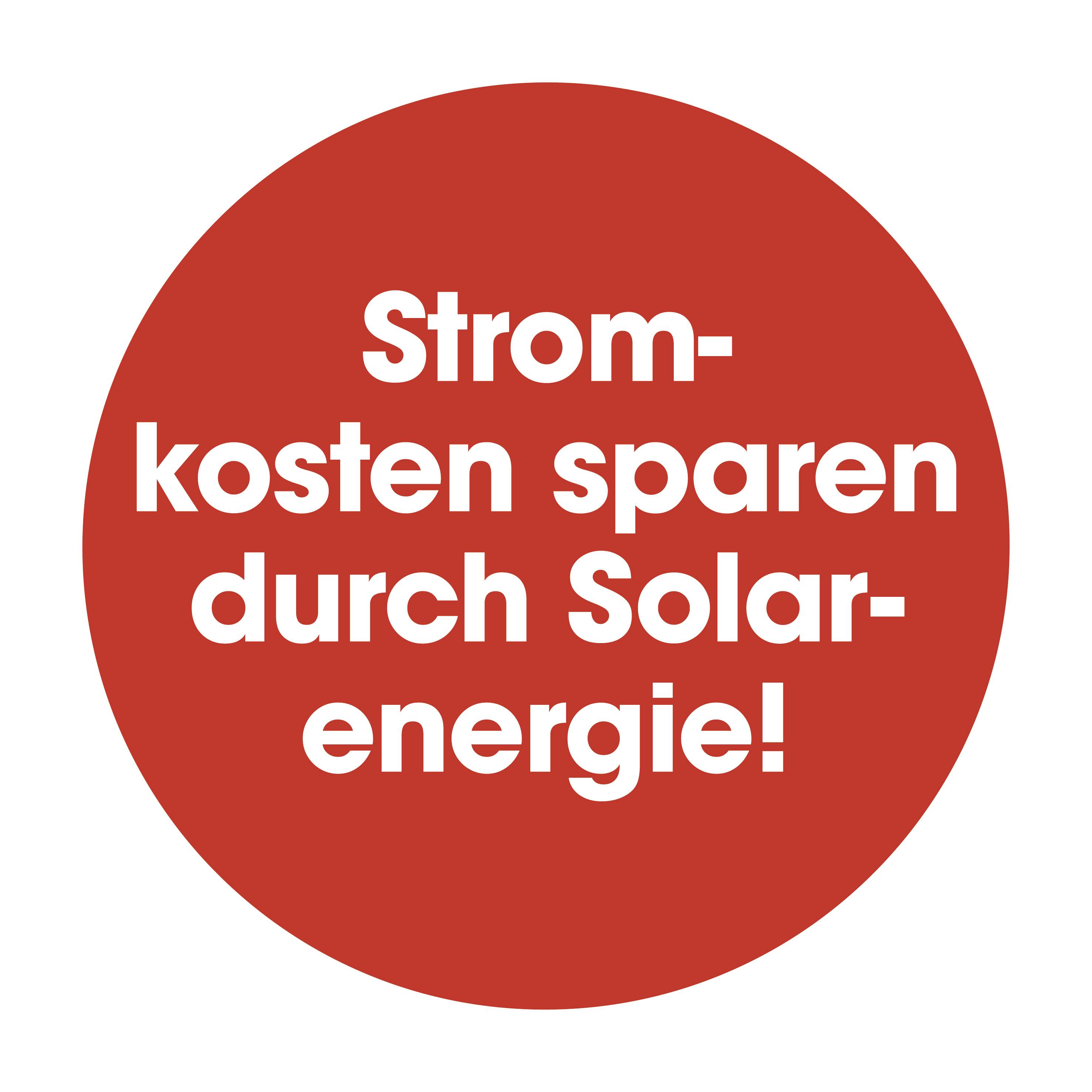 Red circle with white text: 'Save on electricity costs with solar energy!'