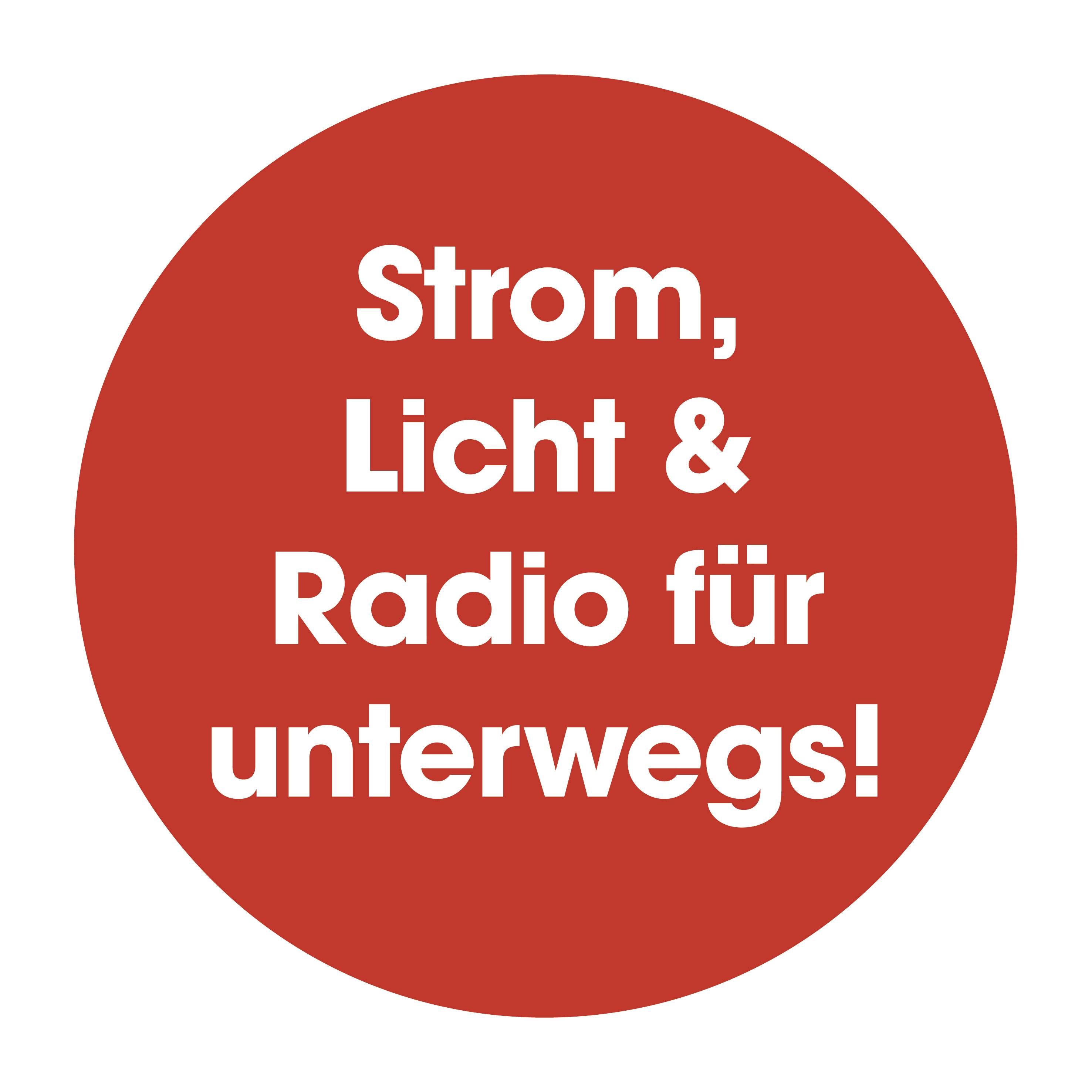 Red circle with white text: 'Electricity, Light & Radio on the Go!'