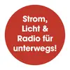 Red circle with white text: 'Electricity, Light & Radio on the Go!'