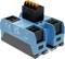 A blue electric relay module with CE and UKCA marking, manufactured in France. It has multiple connection terminals.