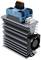 A blue electrical circuit breaker with a heat sink and fan, manufactured in France, mounted on a metal structure.