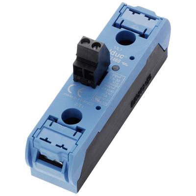 Blue-black electrical building block with connector pins and technical inscription, manufactured in France.