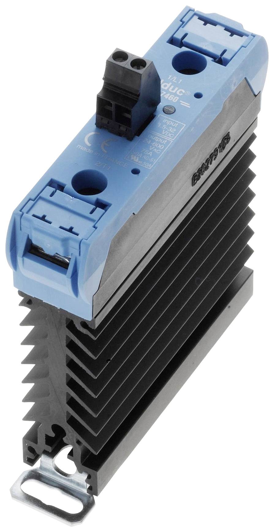 Electric relay with blue top cover and cooling fins. Used in industrial controls for switching high currents.