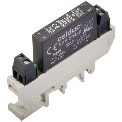 'Solid-state relays for DIN rail mounting, brand celduc, with input 4-30 VDC and output 230 VAC, 5 A.'