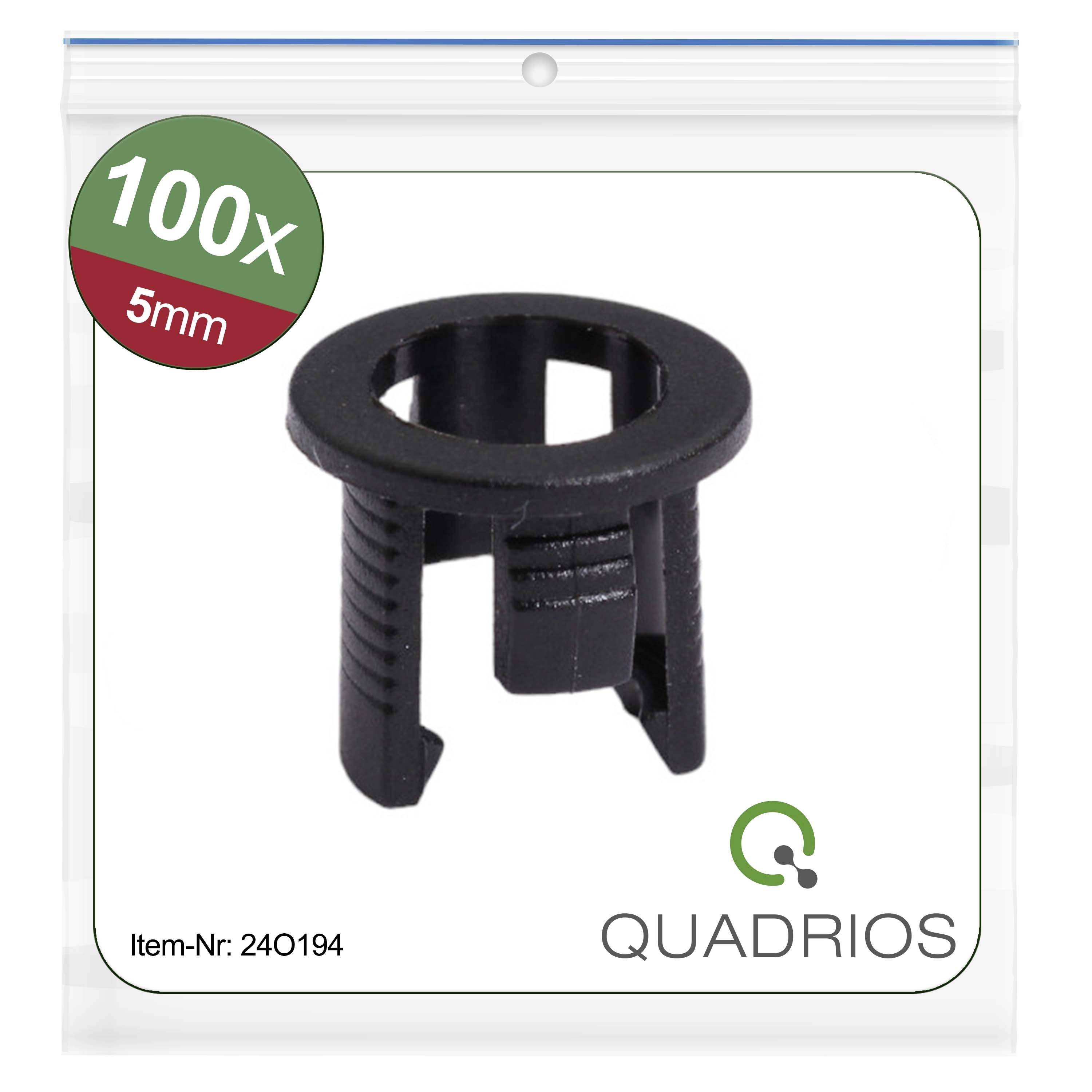 A pack of 100 black plastic dwell clips, 5 mm diameter. Brand name 'QUADRIOS' and article number '240194'.