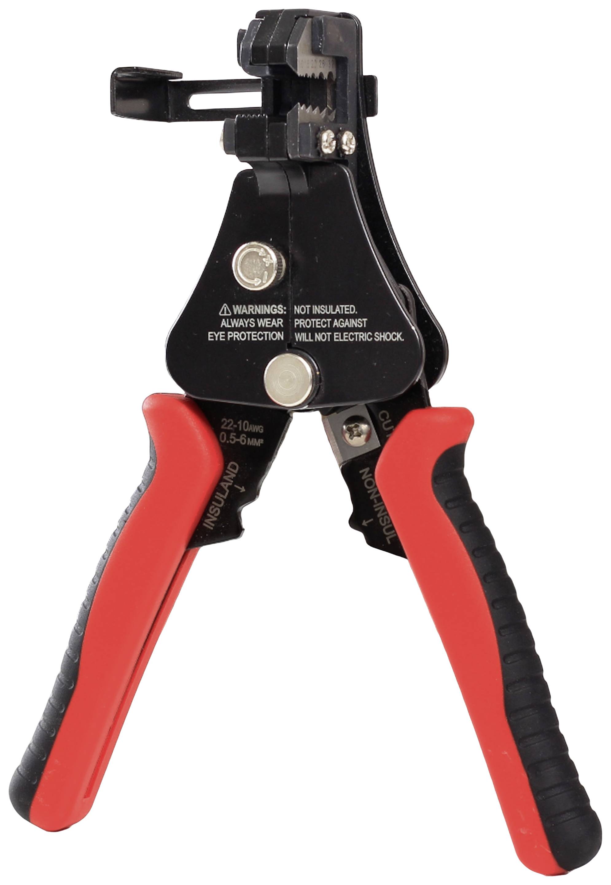 Automatic wire stripping pliers with red handle, suitable for cable diameters from 0.5-6 mm², non-insulated, warning notices present.