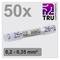 50 transparent TRU Components cable end ferrules, suitable for cable cross-sections from 0.2 to 0.35 mm², on a grey background.