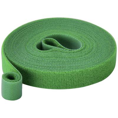 A long roll of green hook-and-loop fastener tape lies flat and unrolled on a white background, with a small rolled section beside it.