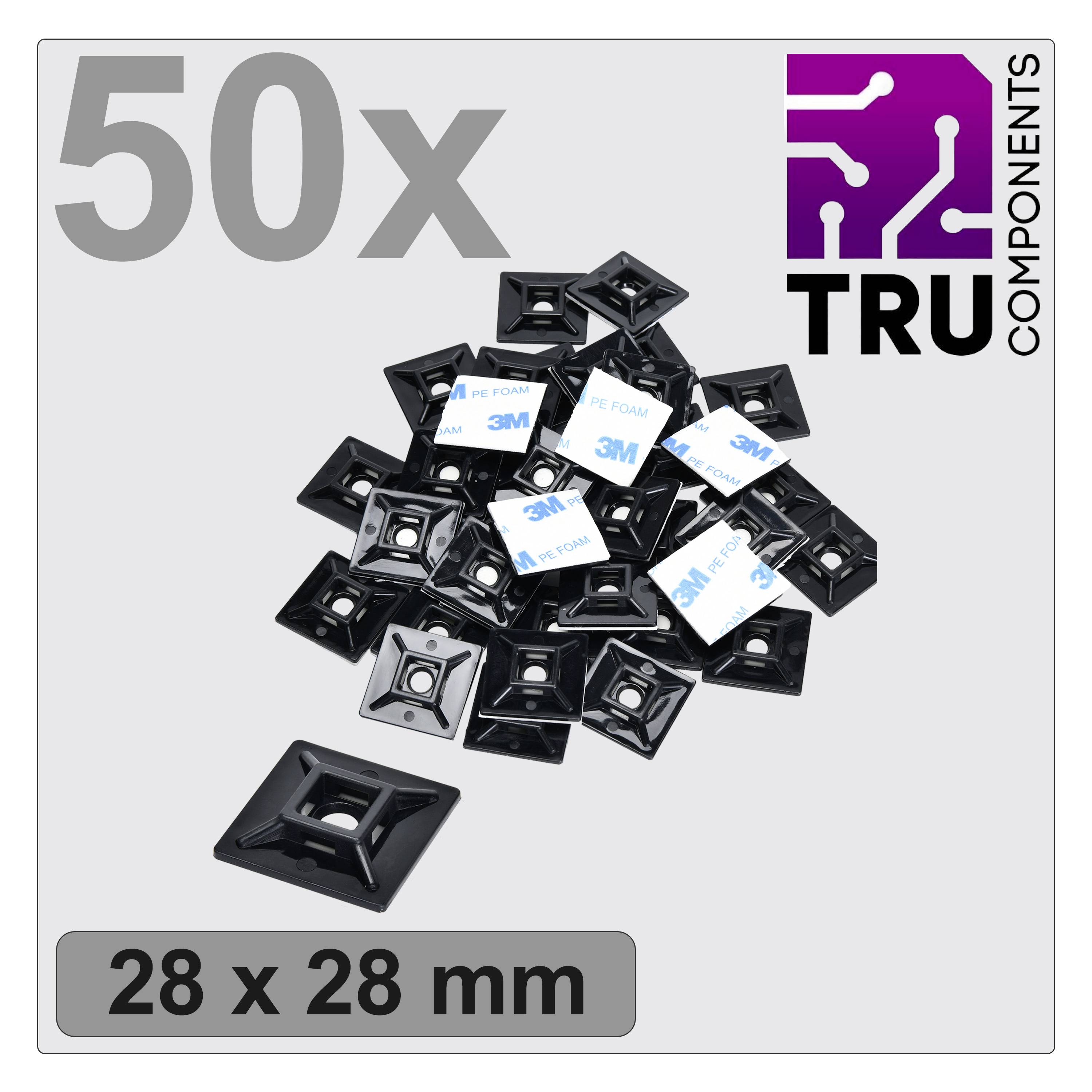 50 black TRU component cable clips with 3M adhesive pad, size 28 x 28 mm.