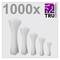 Five bundles of white cable ties in various sizes, arranged from large to small, with the inscription '1000x TRU Components'.