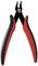 A pair of pliers with red handles and a black cutting surface, suitable for wire cutting or electronic work.