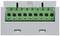 Electrical terminal strip with six green terminal connectors on a grey housing for wiring in electrical control cabinets.