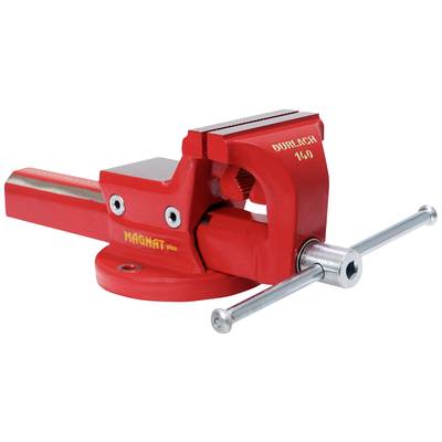 A red vice on a circular base with a side handle. 'Durlach 140' and 'Magnat plus' are written on it.
