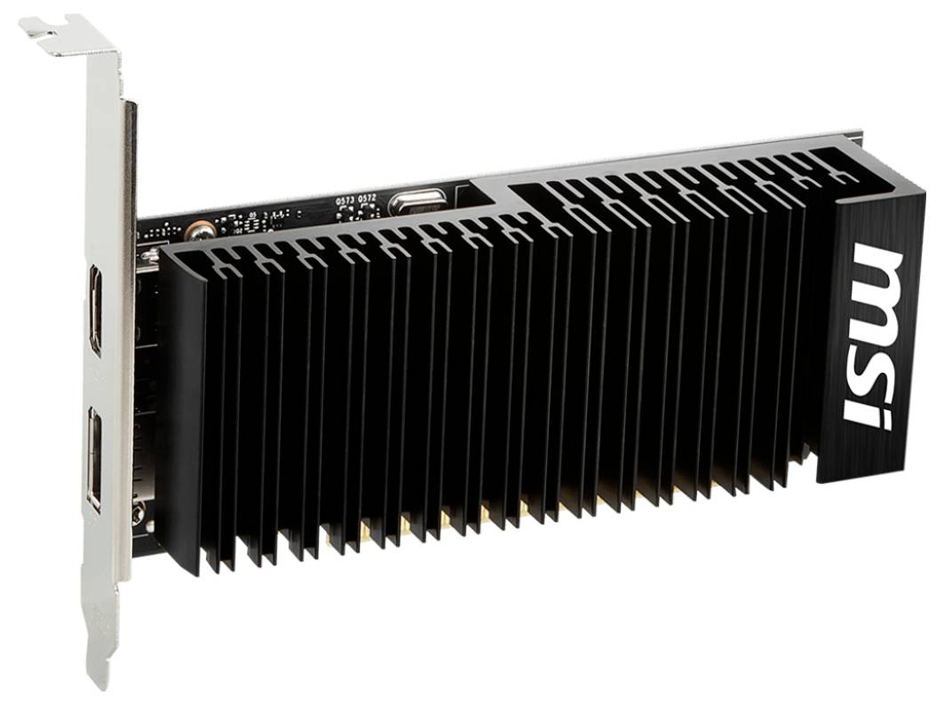 A black MSI graphics card with cooling fins and two ports on the back.