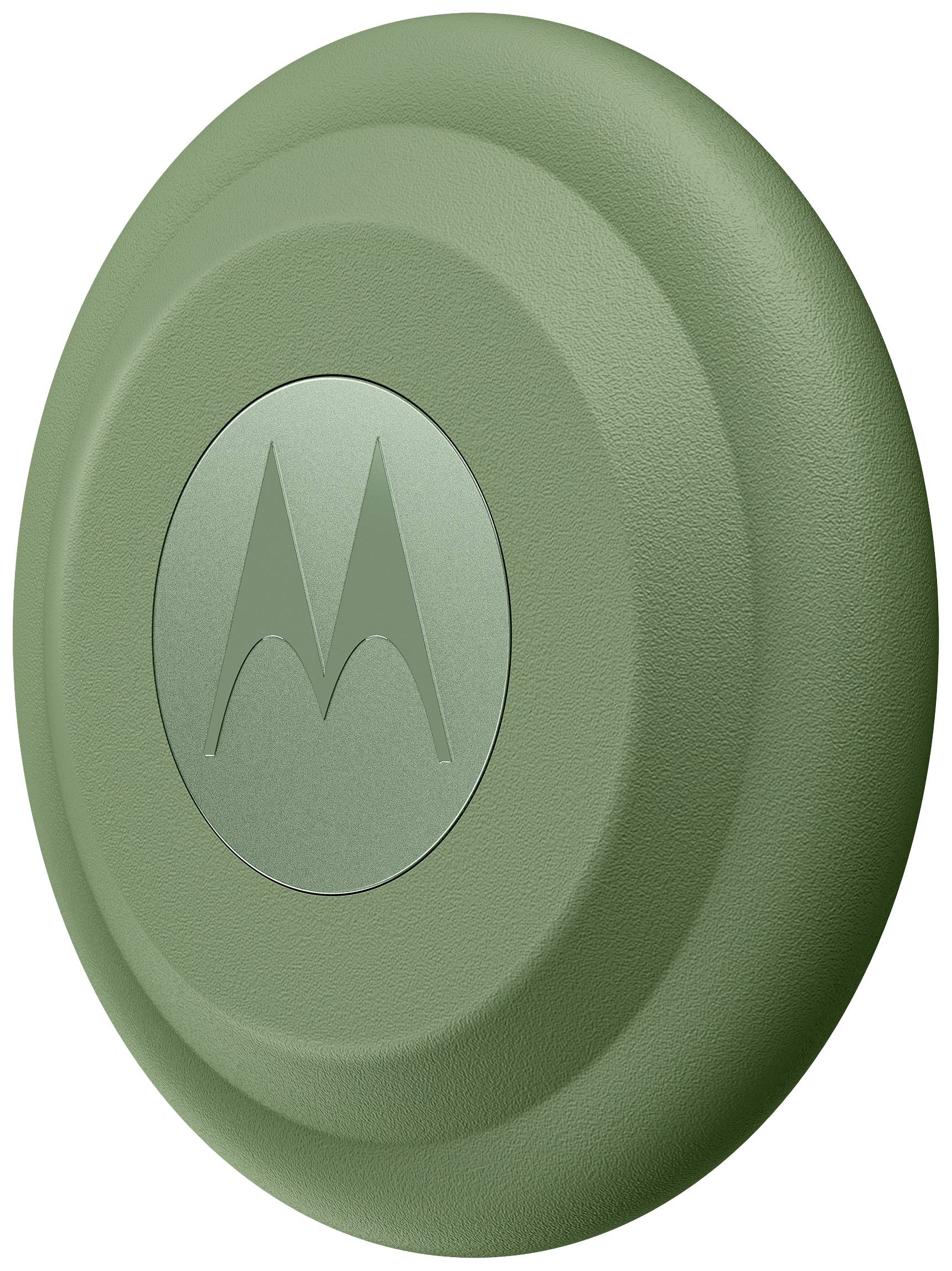 Green, round surface with a central logo showing two curved lines. The shape is reminiscent of a button's surface.