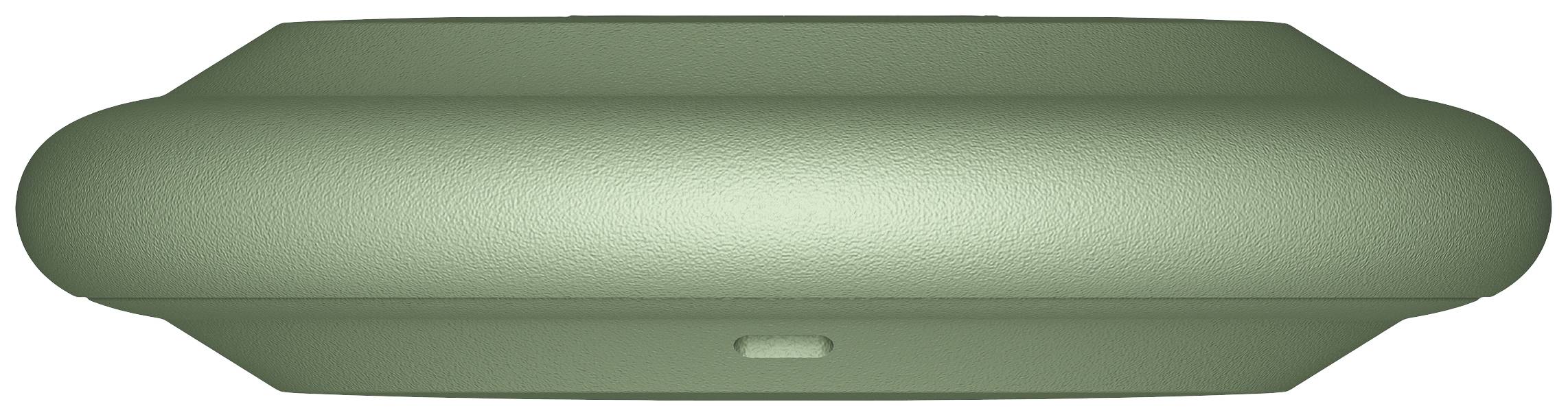 A rectangular, thickly padded green cushion with rounded edges, viewed from the side.