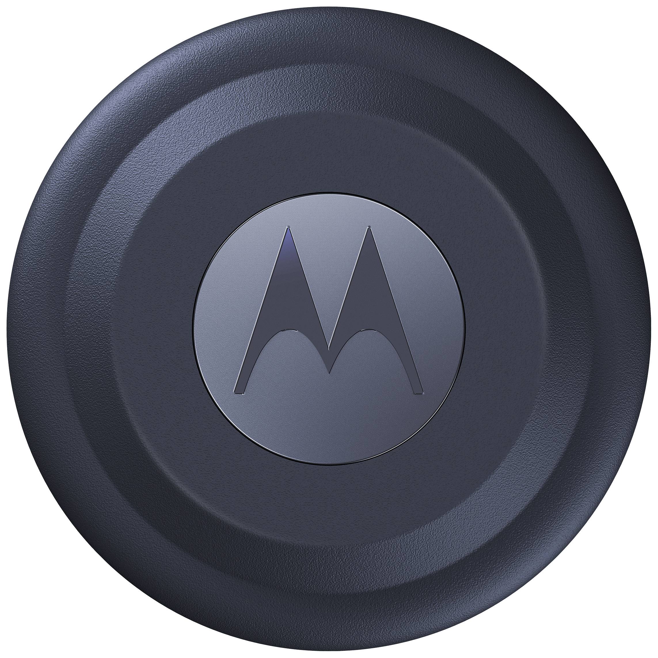 A round, black device with the Motorola logo in the centre. Possibly a gadget, such as a speaker or charger.
