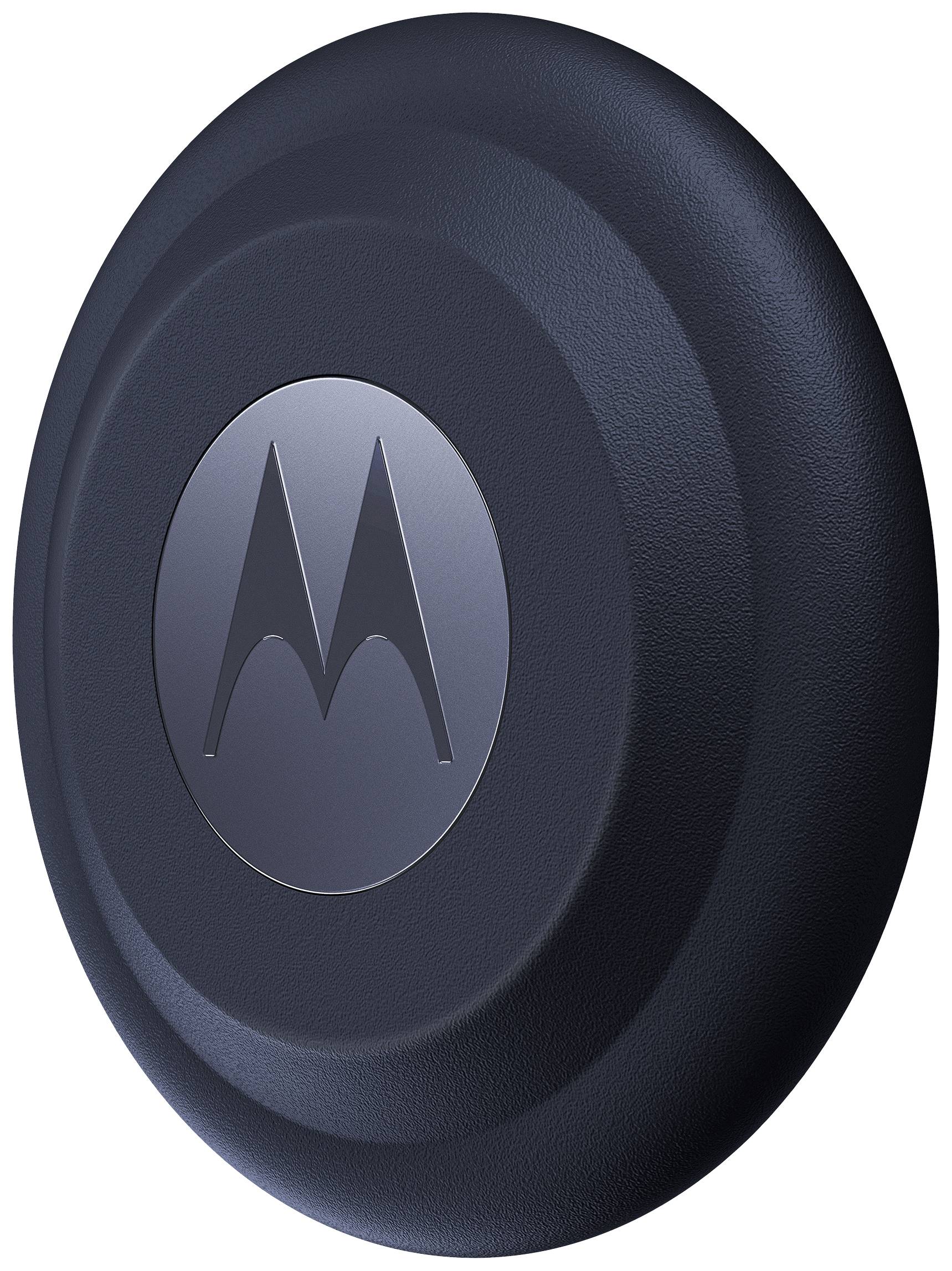 Black, round device with a stylised logo in the centre, consisting of a vertically mirrored curved 'M'.