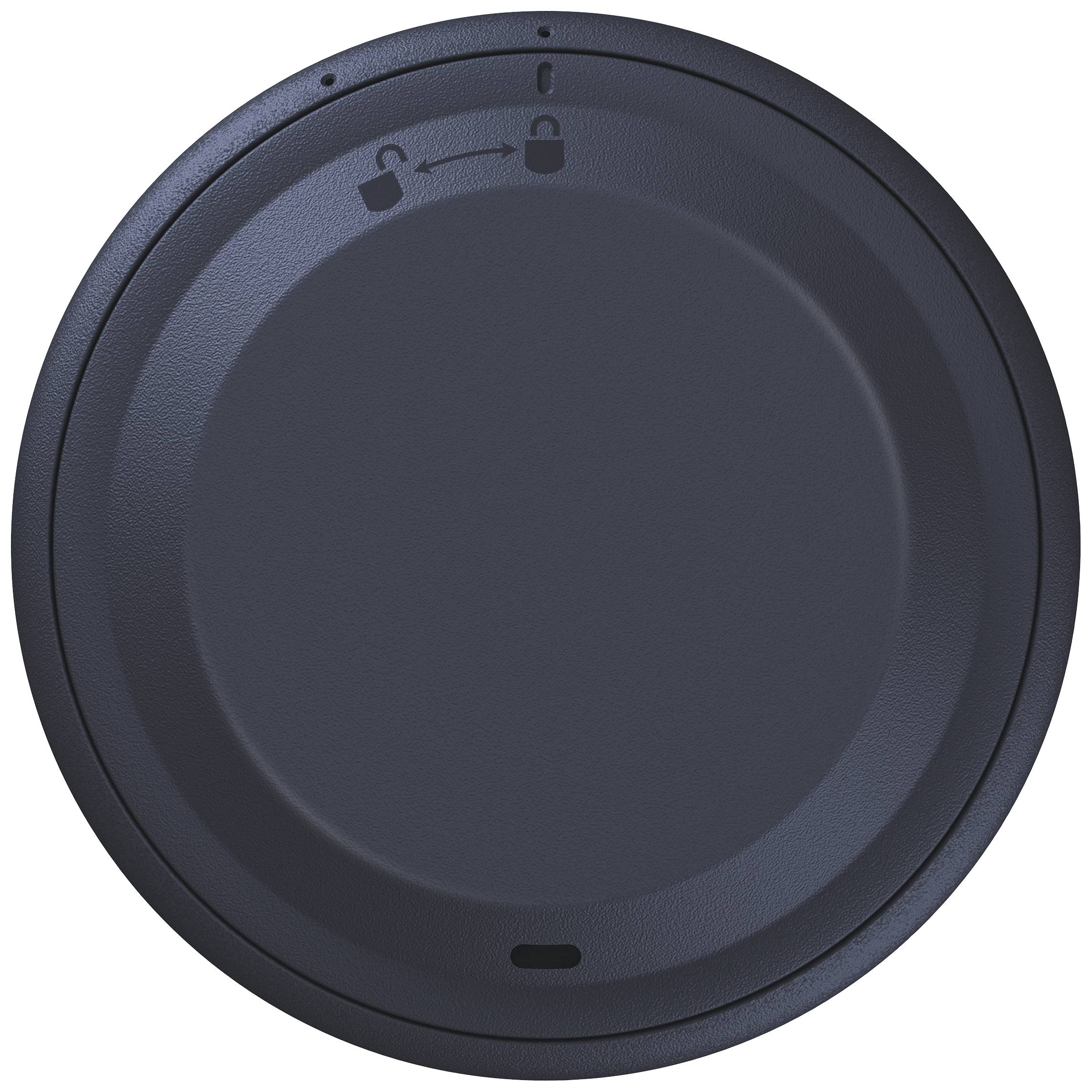 'Lid with closure mechanism symbols: Open and close by turning. Circular design, dark grey.'