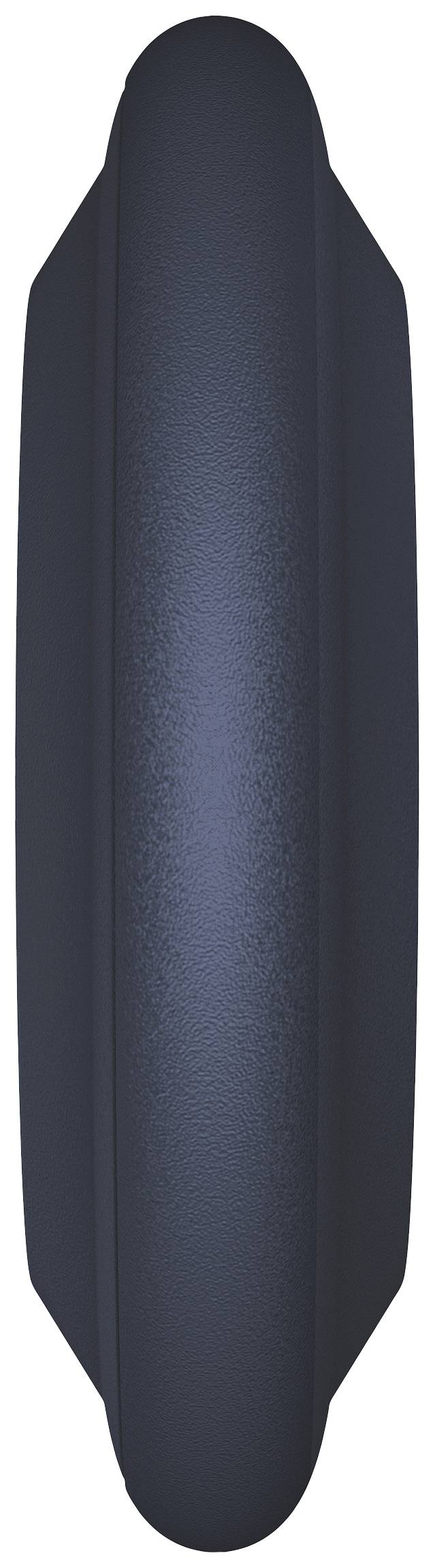 Dark, oval tyre viewed from the side, showing its smooth surface and texture.