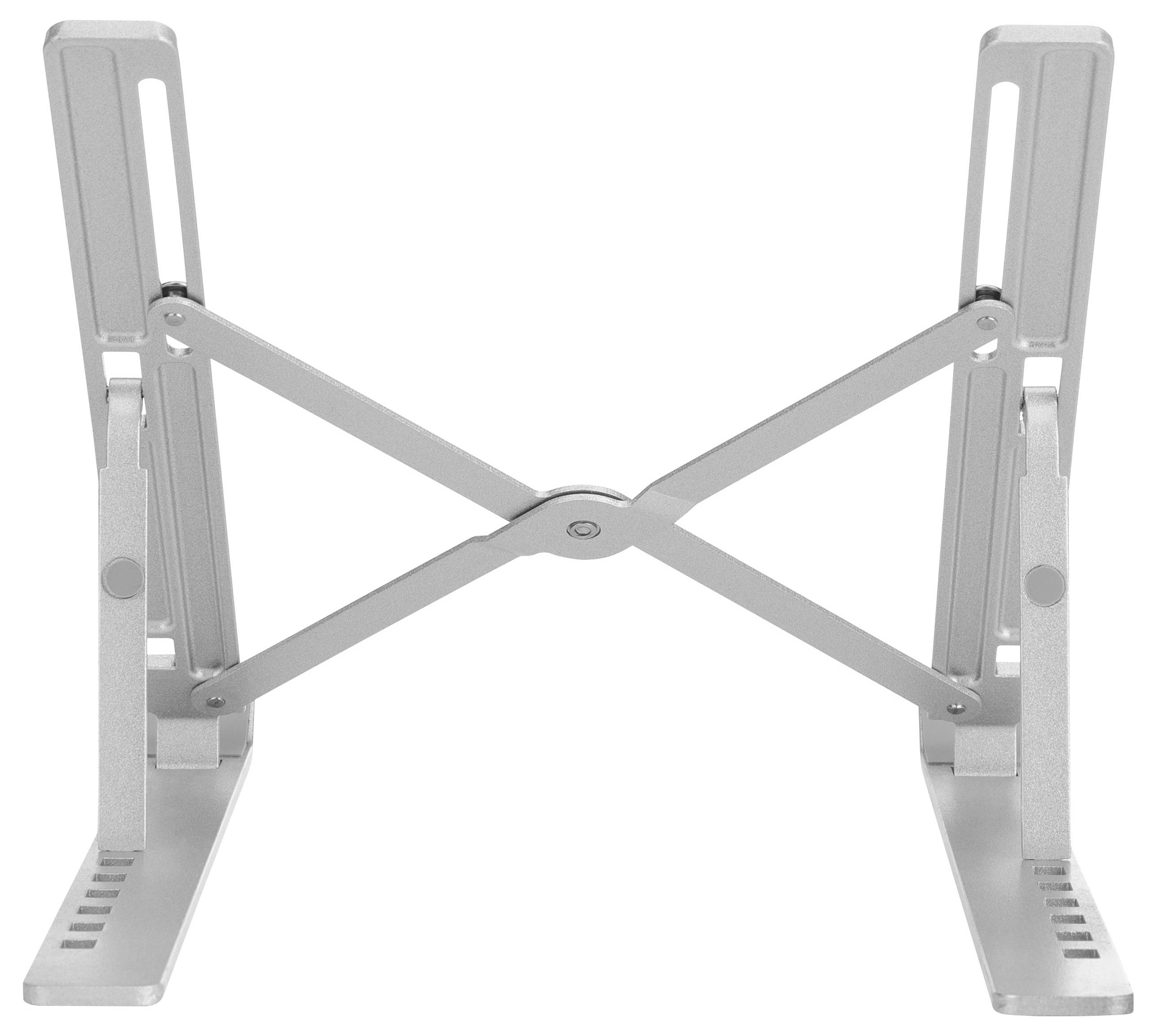 Laptop stand with adjustable height and angle, featuring a foldable metal design for enhanced portability and cooling efficiency.