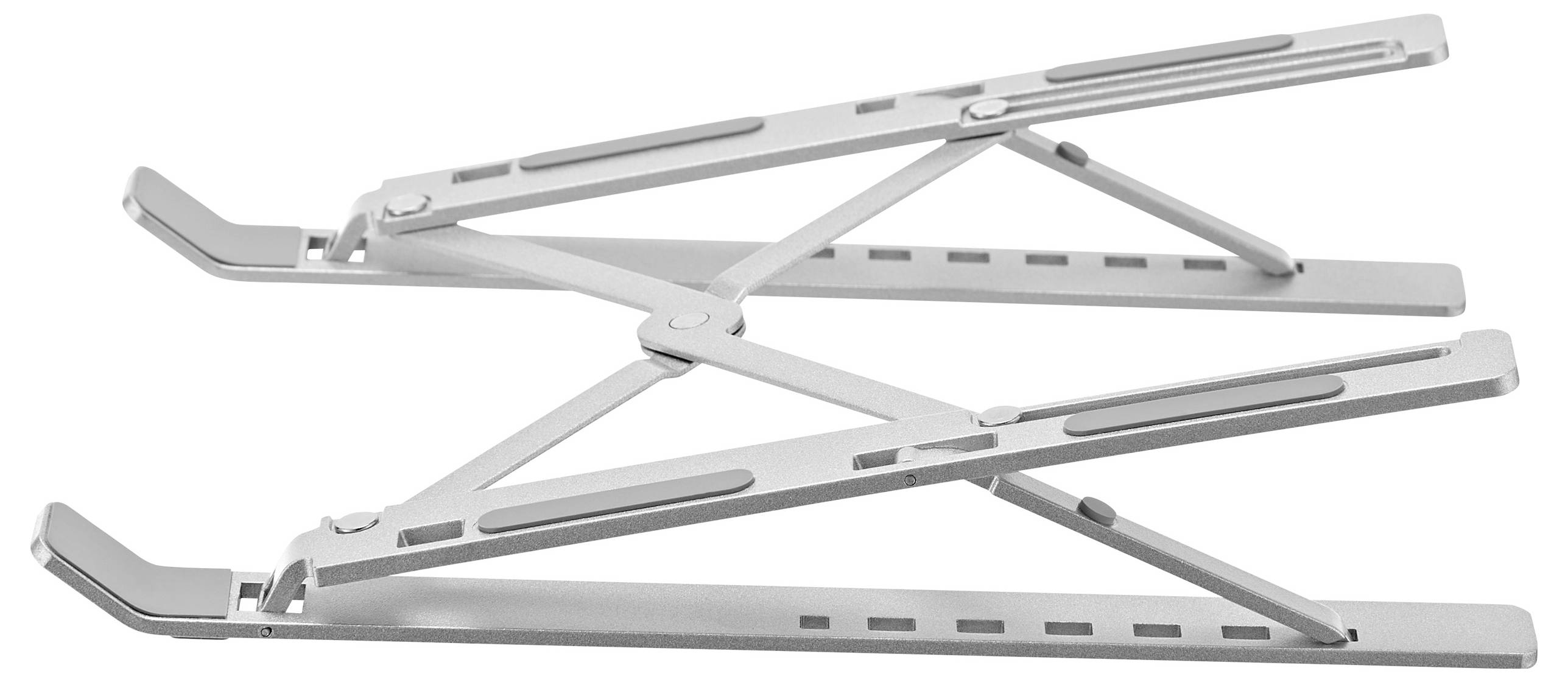 A collapsible, silver laptop stand with adjustable height settings and rubber grips, designed for ergonomic laptop positioning.