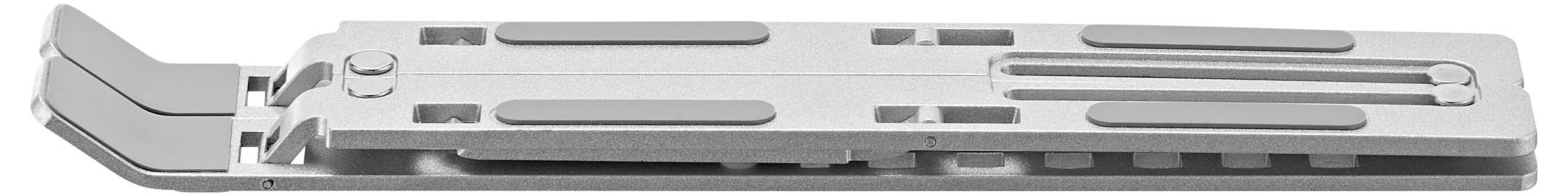 A metal hinge mechanism designed for adjustable support, featuring elongated slots and rubber pads for stability and grip.