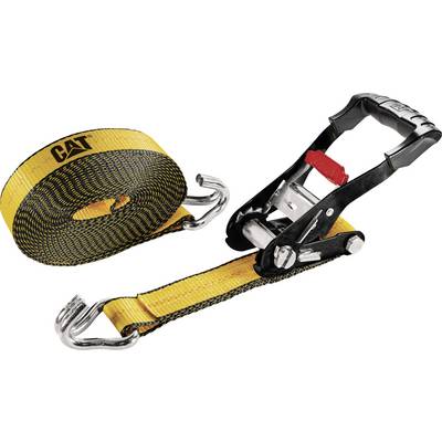 Yellow tension strap with black hook and ratchet, brand mark on strap. Ideal for securely fastening cargo.