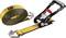 Yellow tension strap with black hook and ratchet, brand mark on strap. Ideal for securely fastening cargo.