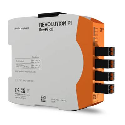 Industrial component 'Revolution Pi RevPi RO' with multiple ports, suitable for control and monitoring in automation systems.