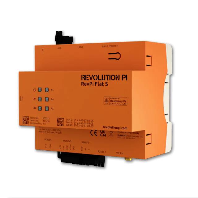 An orange industrial PC module with the inscription 'Revolution Pi RevPi Flat'. Includes ports for USB, LAN and Wi-Fi.