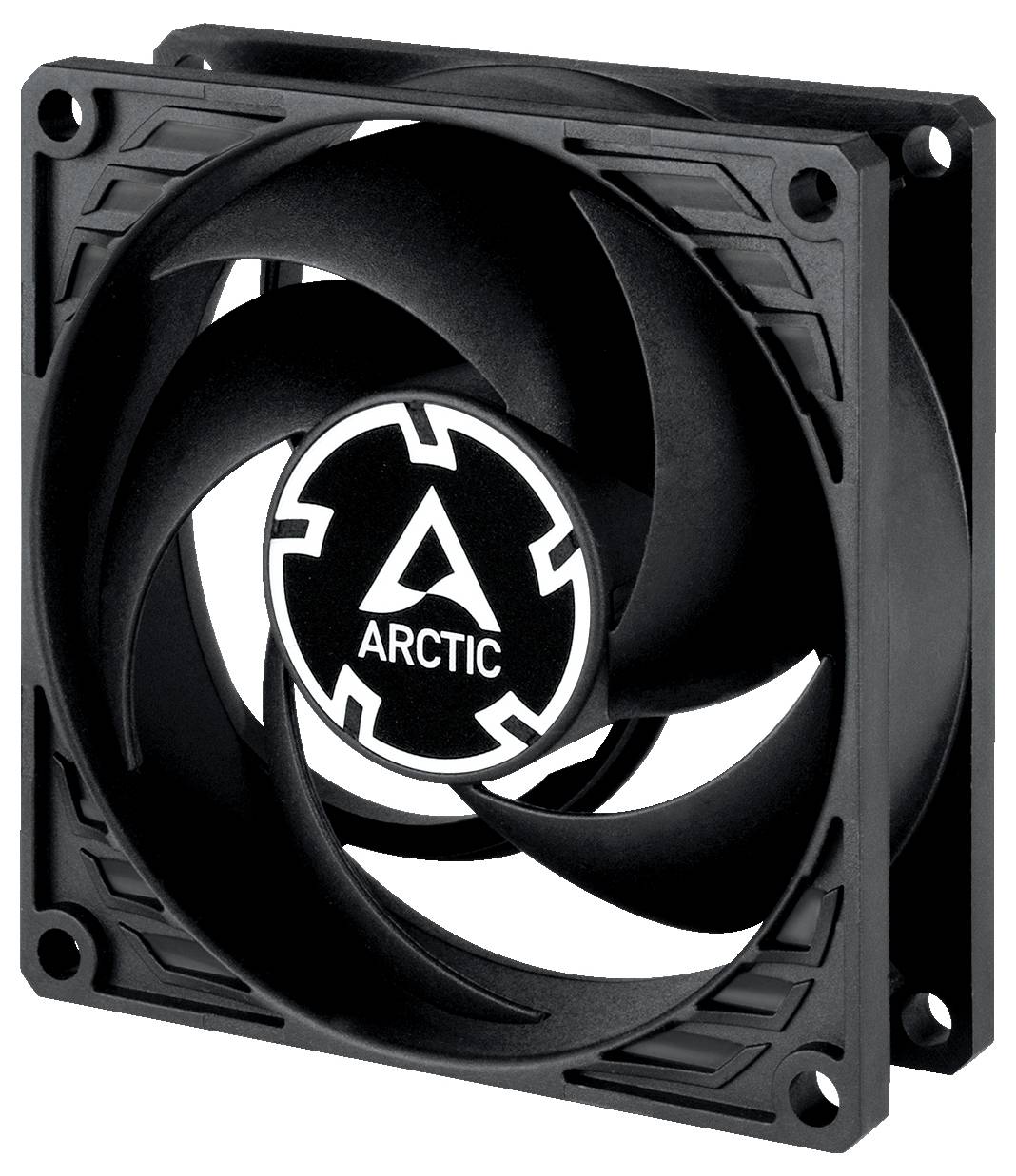 A black computer fan by Arctic with distinctive fan blades and the logo in the centre, suitable for PC cooling.