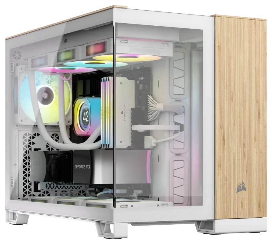 A modern computer with a transparent side panel displays colourful LED lighting and specialised hardware components.