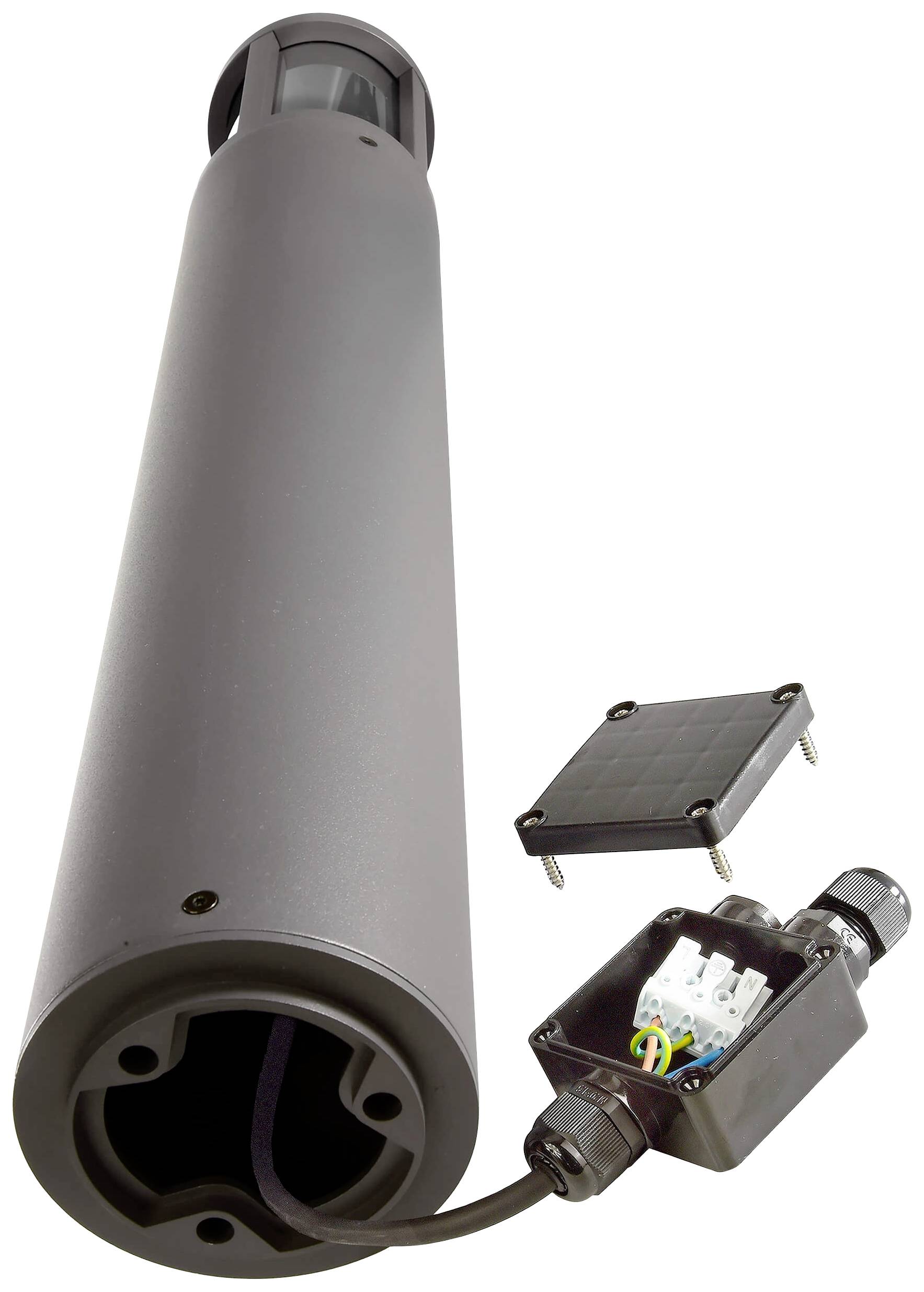 Slender, cylindrical motor with solar panel and connection box for power supply. Suitable for roller blinds or awnings.