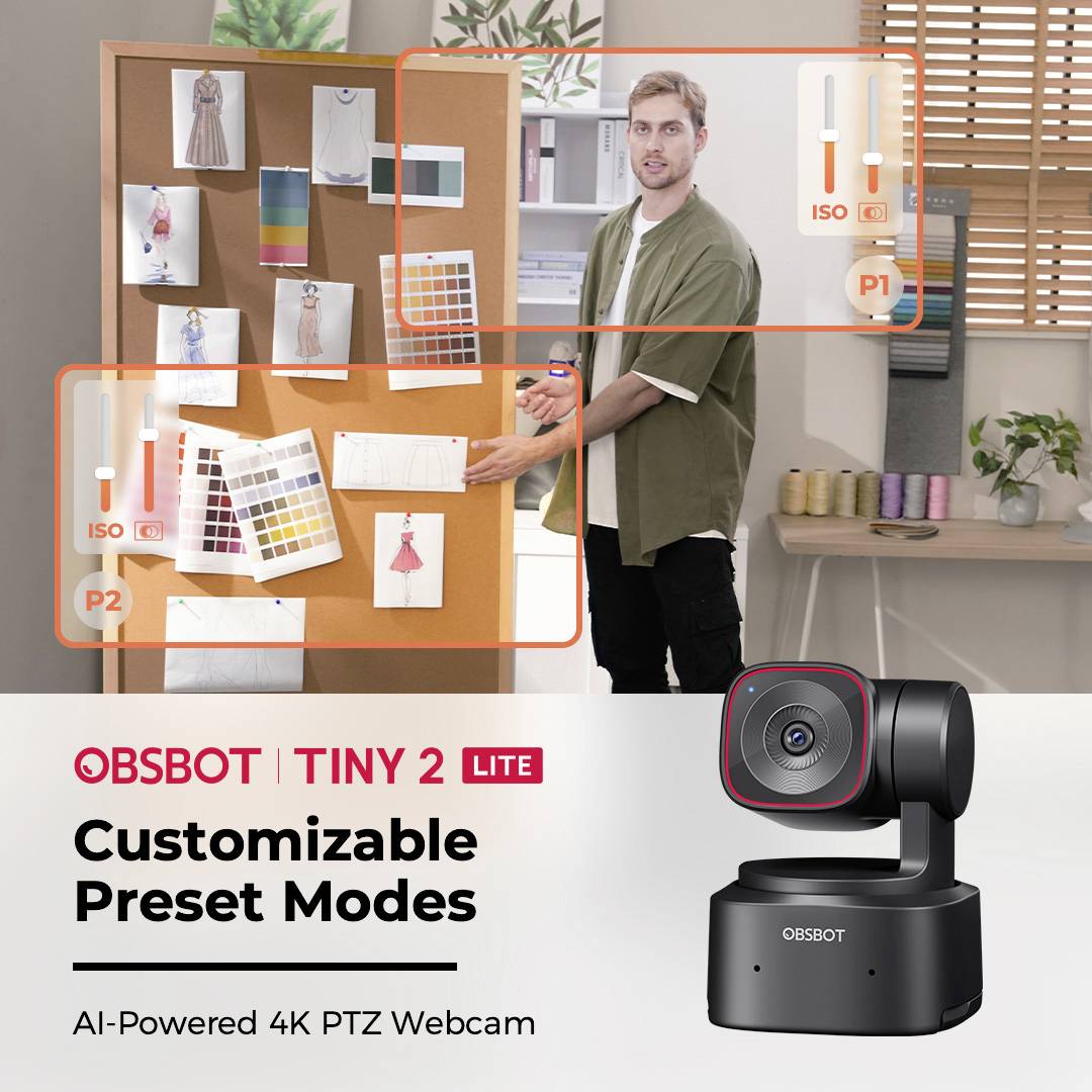 A man points to colour samples on a cork board. Text on the image: 'OBSBOT Tiny 2 Lite, Customisable Preset Modes, AI-Powered 4K PTZ Webcam'.<br><br>Note the spelling changes from American to British English:<br>- "Customizable" → "Customisable"