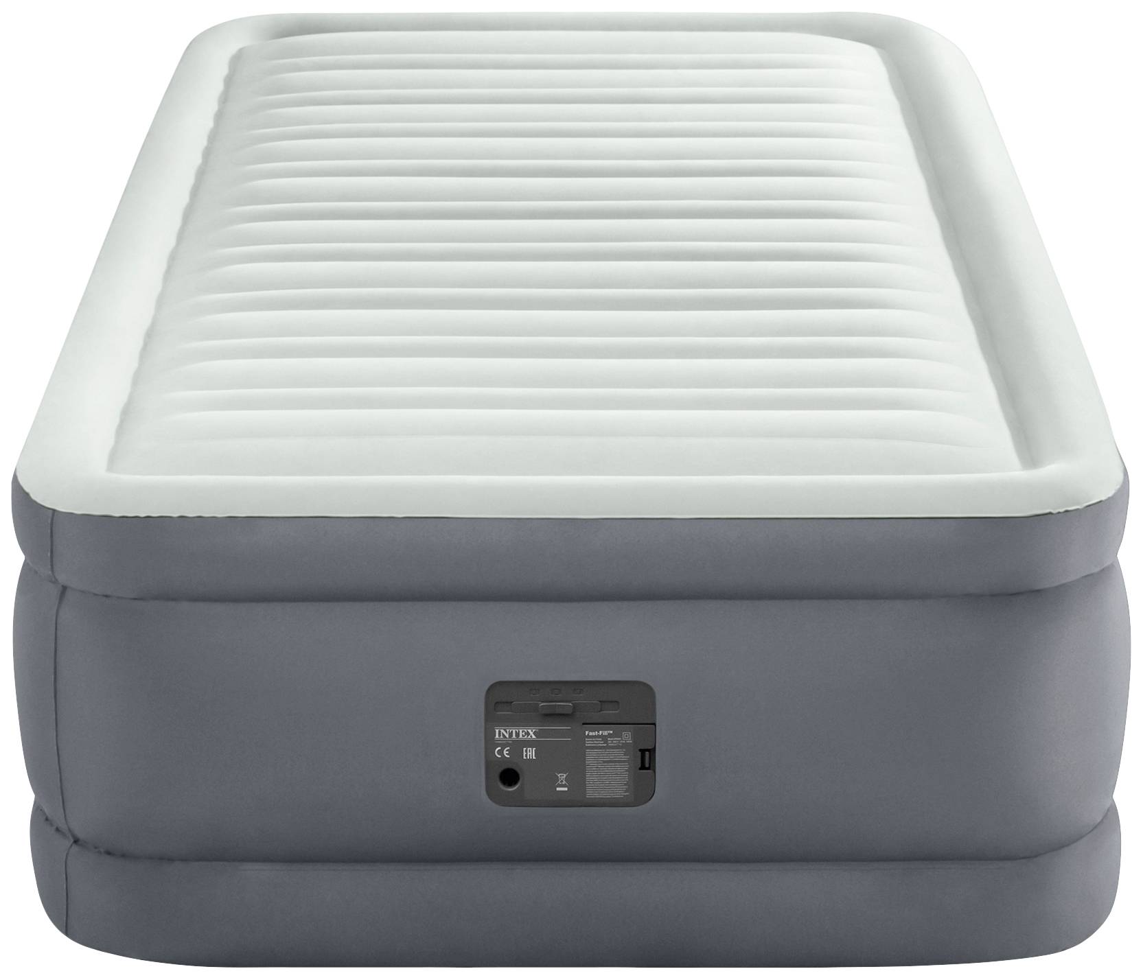 A grey, inflatable bed with a white, ribbed surface on the top side.
