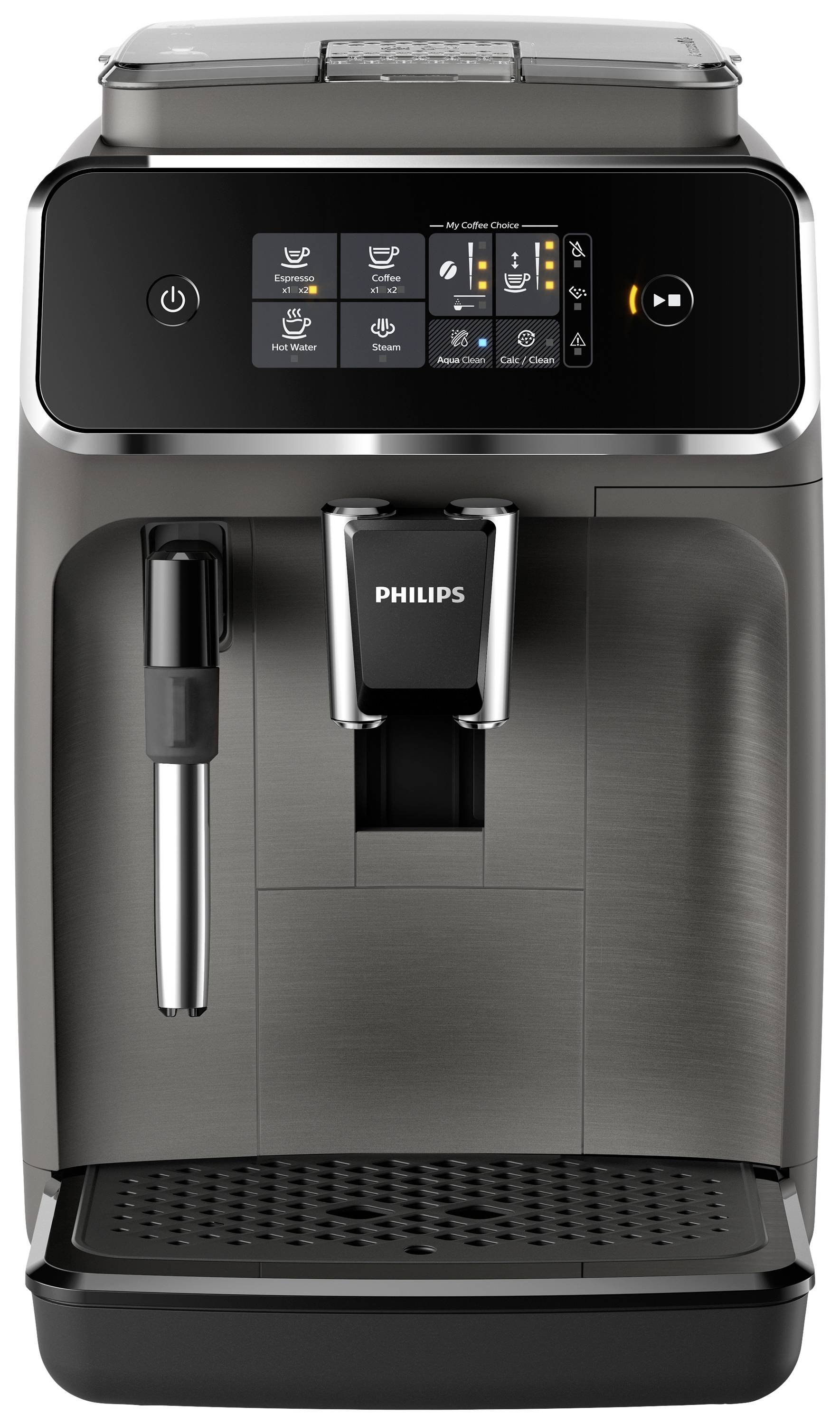 Espresso machine with touch display, multiple buttons for beverage selection and steam wand on the right. Brand: Philips.