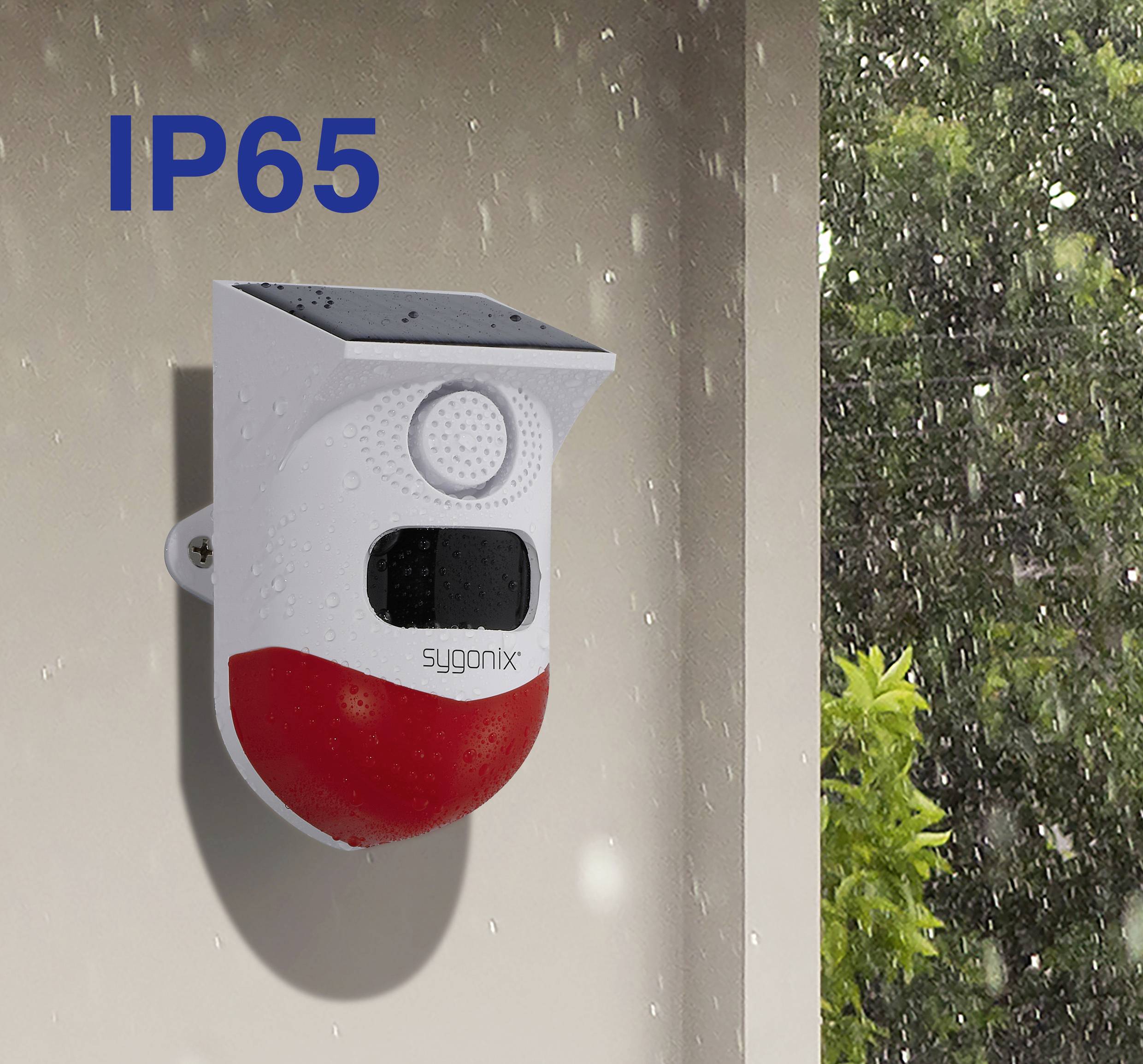 IP65 waterproof outdoor alarm siren by sygonix, mounted on a wall in the rain. 'IP65' is written in blue on the left.