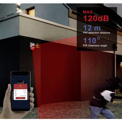 'Security system with motion sensor, activated upon intrusion. Alarm at 120 dB, detection range up to 12 m, detection angle 110°.'