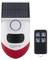 Solar-powered siren with remote control. The siren has a red and white casing with solar cells on top. The remote control has four buttons.