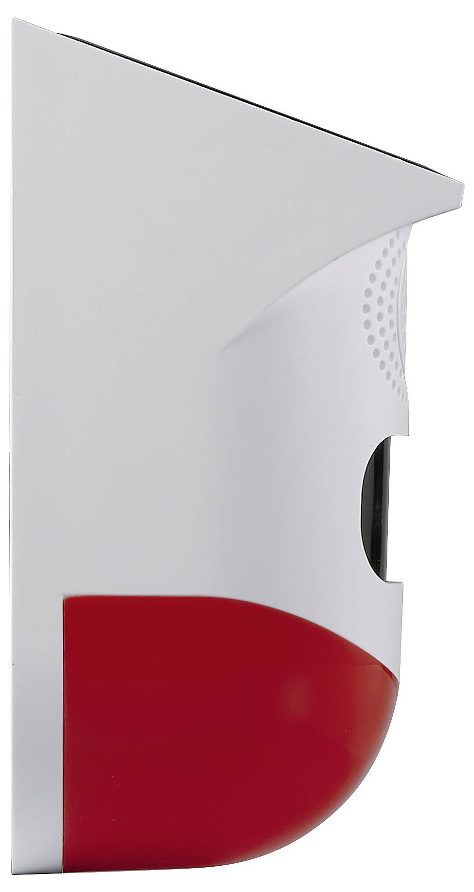 White and red siren, mounted on a wall, often used as a security system in buildings.