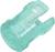 A transparent, turquoise plastic stopper with two lateral openings.