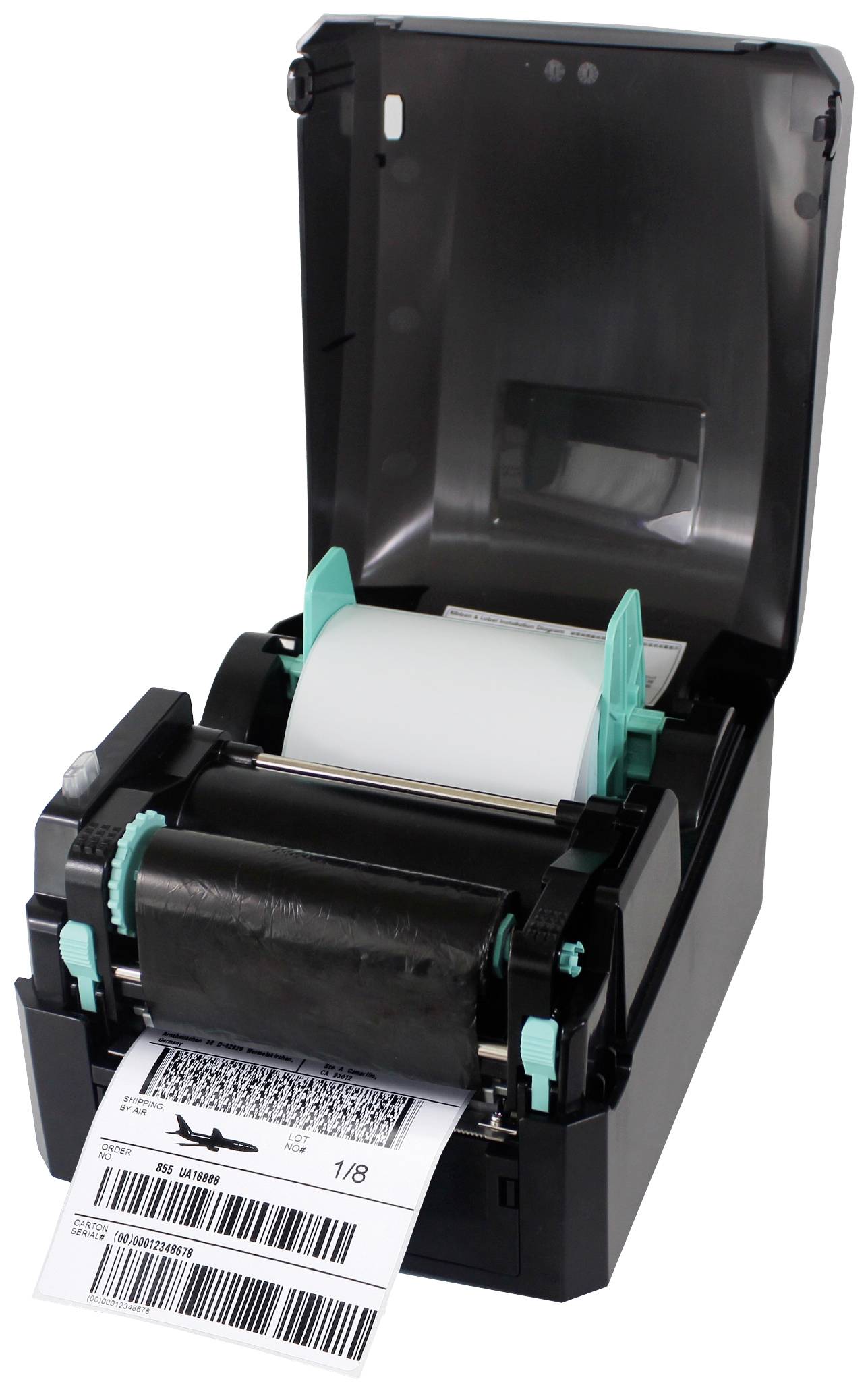 'An open label printer with a visible paper roll and a printed label at the front. The label displays a barcode and text.'